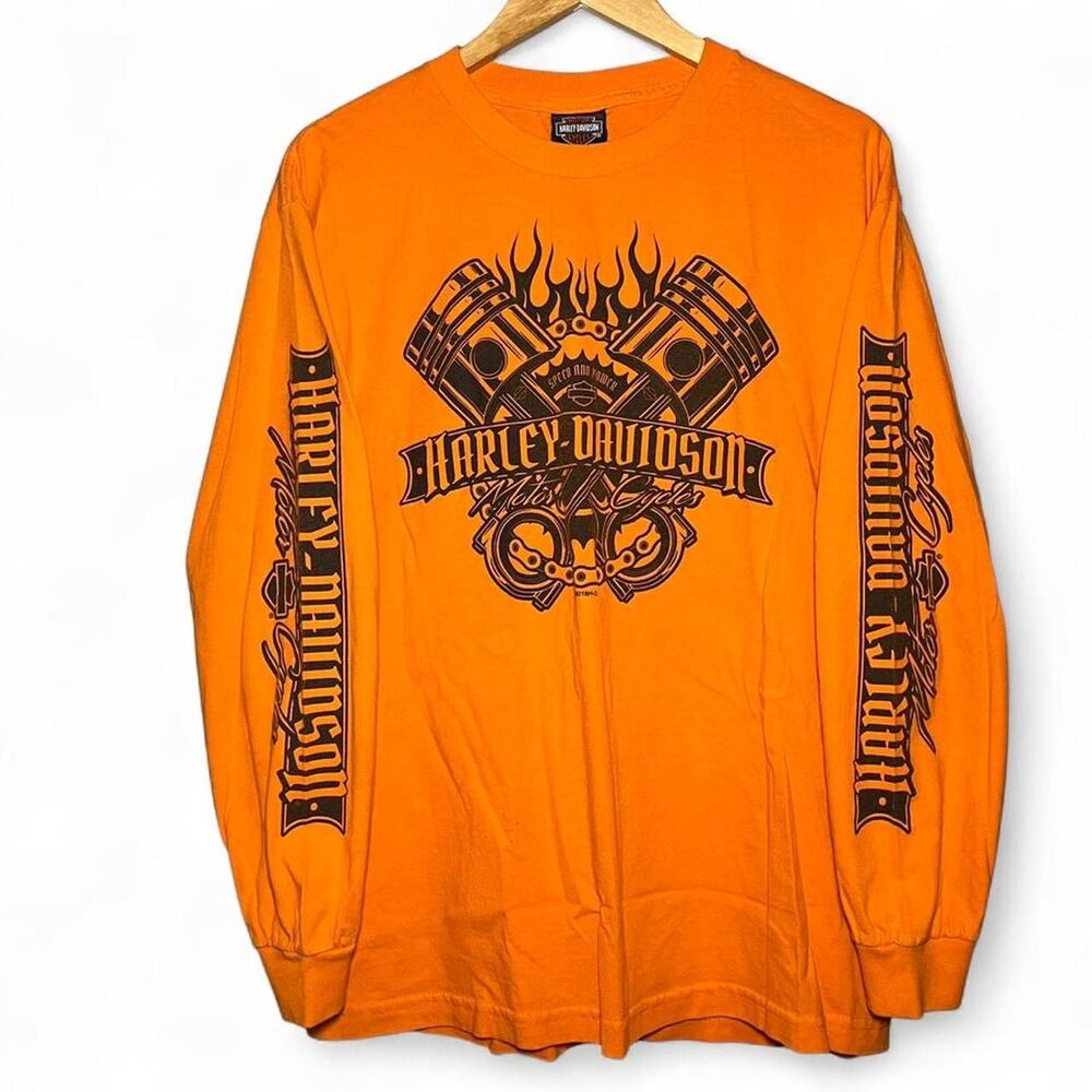 2018 Harley Davidson Orange Biker Grunge Long Sleeve T-Shirt Size L